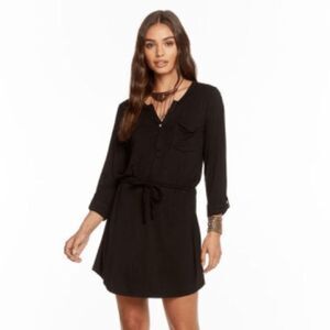 NWT Chaser Black Sz M Jersey Rolled Cuff Shirttail Henley Dress Tie Waist Casual